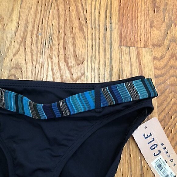 NEW NWT ANNE COLE Black Blue Metallic Copper ? Belted Swim Bikini Bottom Small S - Picture 3 of 9